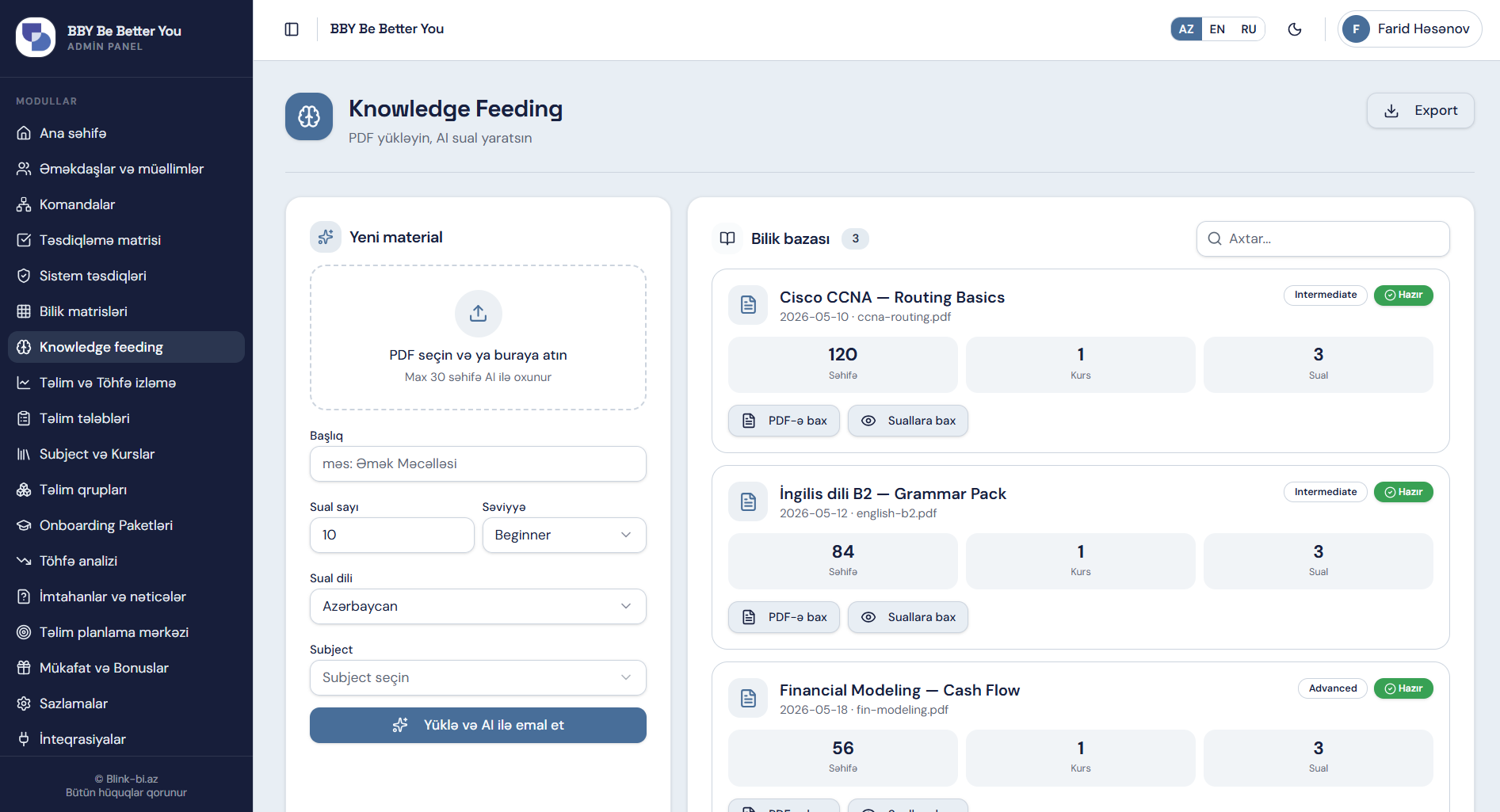 BBY-AI knowledge feeding module turning PDFs into AI questions
