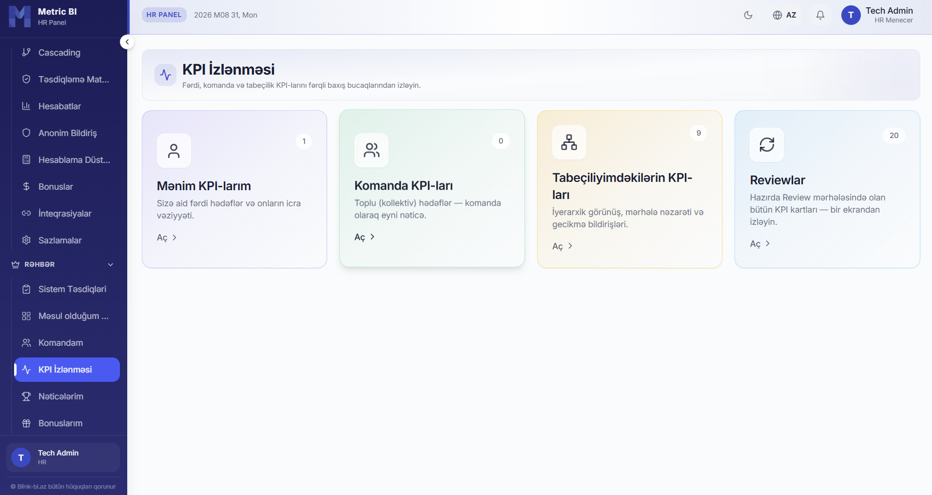 METRIC-BI KPI tracking across personal, team and subordinate views