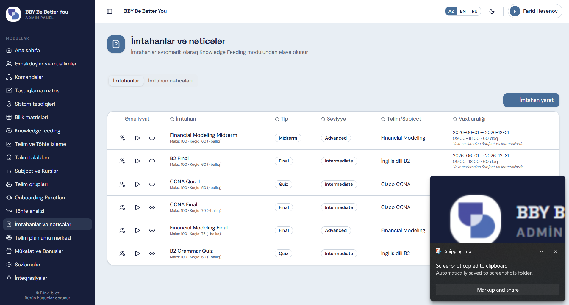 BBY-AI exams and results module