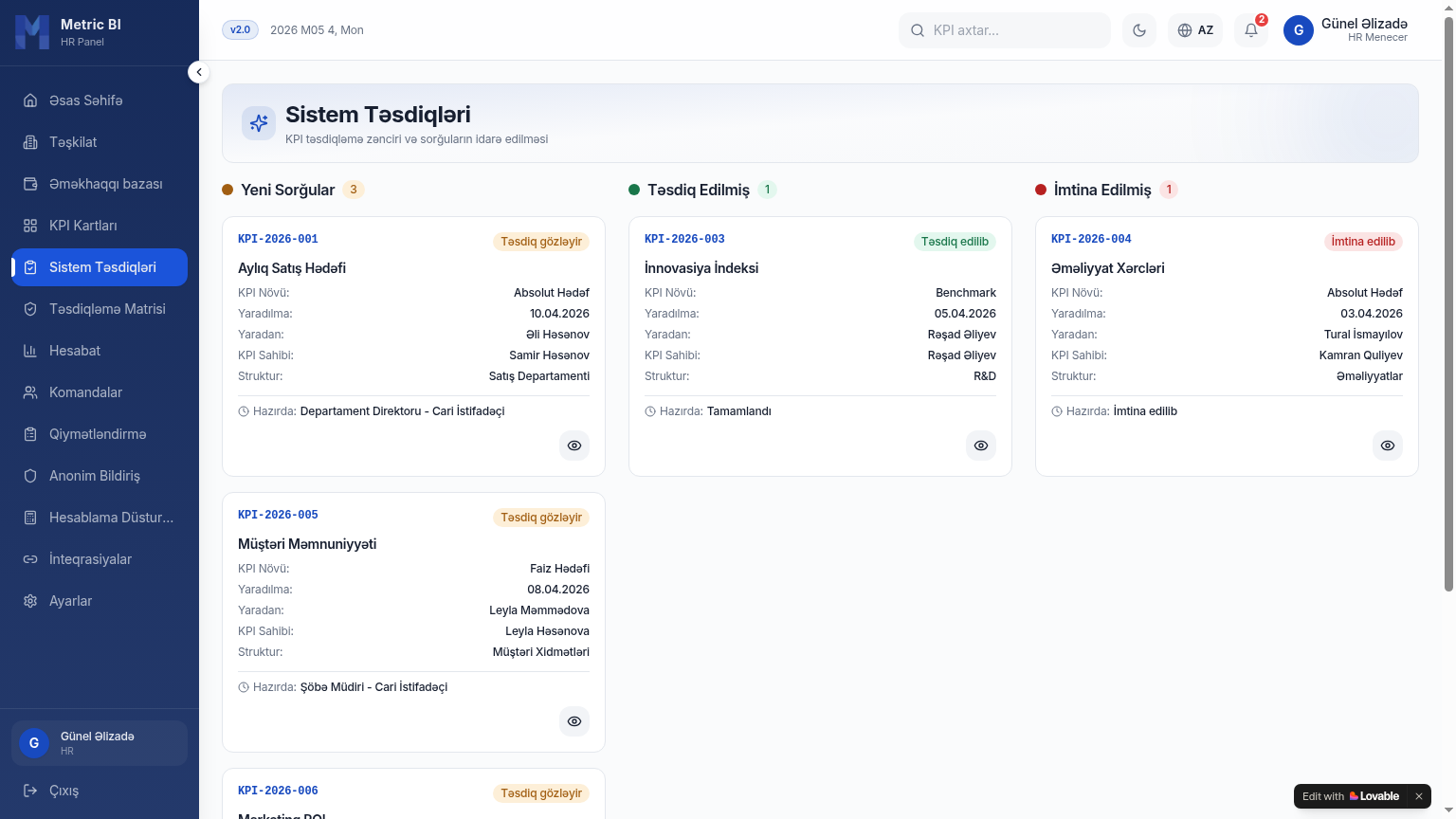 METRIC-BI system approvals kanban